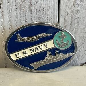 US Navy Belt Buckle Enamel Patriotic Ship Bomber Anchor Military